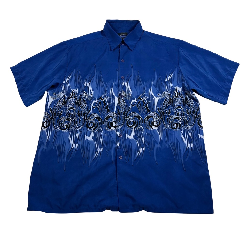 Extreme Gear Button Down Shirt Mens Large Blue Tribal Dragon Flame Graphic Y2K